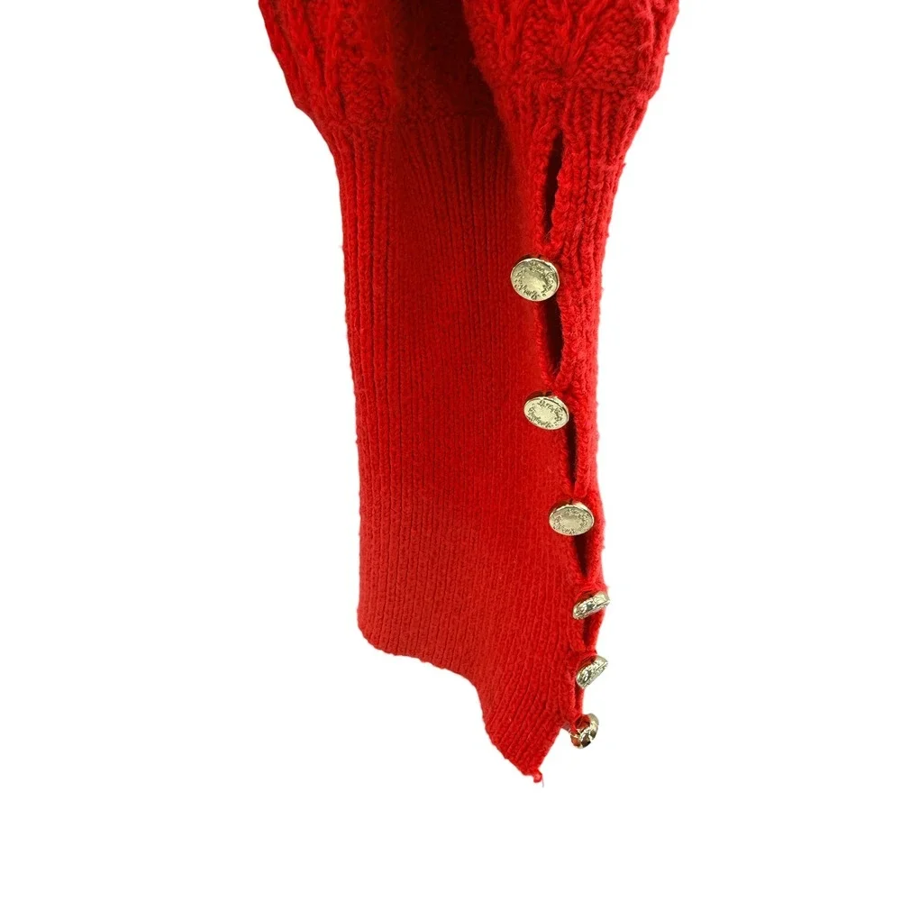 Lilly Pulitzer Jacquetta Sweater Ruby Red XL Puff Sleeve Gold Button Cuff - Picture 3 of 7